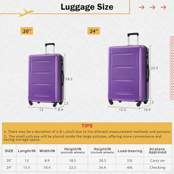 Merax Luggage Sets 2 Piece Suitcase Set, Hardshell 20 IN & 24 IN Suitcase Set with Duffel Bag, Travel Suitcases with Spinner Wheels and TSA Lock(Purple) - Image 7