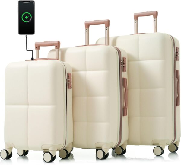 Merax Women with TSA Lock Hardshell Luggage Sets, Cream White, 20/24/28 Inch