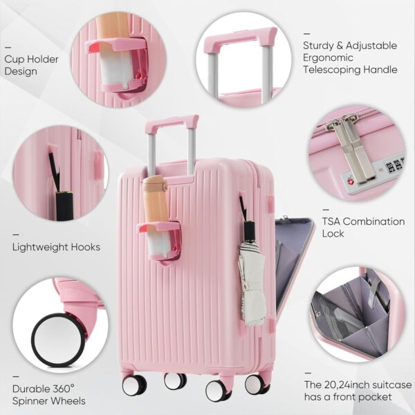 Merax Luggage Sets 3 Pcs, Hardside Suit case with Front Pocket Cup Holder and TSA Lock, Girlie Pink, 20/24/28 Inch - Image 2