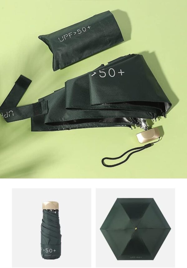Mini Travel Sun Umbrella With Case, Small Compact UV Protection Umbrella for Sun and Rain, Lightweight Windproof Umbrella for Women Men Kids (Dark Green)