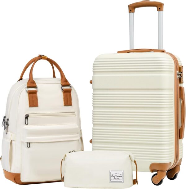 LONG VACATION Luggage Set Lightweight Carry on Suitcase ABS Hardshell Luggage TSA Lock Spinner Wheels(3 piece set (BP), WHITE-BROWN)