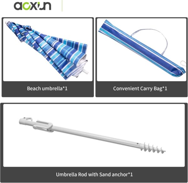 Aoxun Beach Umbrella with Tilt Pole, Portable Sand Anchor and Carry Bag, UPF 50+ Sun Shelter Air Vents Design for Outdoor Activities (Navy Blue & White), 6.5ft - Image 6