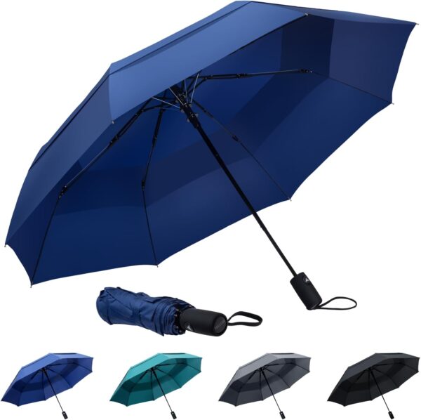 Travel Umbrellas for Rain – Compact Umbrella Windproof with 46” Double Vented Canopy and Strong Fiberglass Frame, Automatic Portable Umbrella for Travel, Rainy Days, Backpack & Car