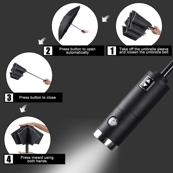 Lejorain Folding Reverse LED Umbrella - Upside Down Reflective Umbrellas Compact Inverted Travel Windproof Umbrella Auto Open Close for Rain - Image 3