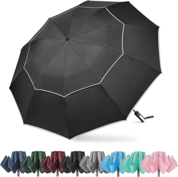 G4Free 54/62 Inch Windproof Inverted Umbrella with Reflective Stripe, Large Compact Reverse Golf Travel Umbrella for Rain 10 Ribs Double Canopy Automatic Open Close