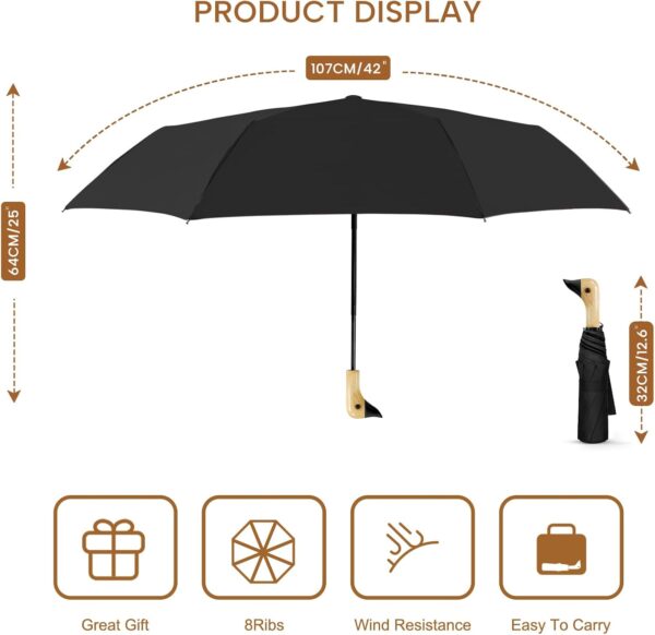 LEAGERA Compact Small Umbrellas for Rain&Sun, Cute Design Duck Head Umbrella for Girls Gifts, 8 Ribs Folding Umbrella with Wooden Handle - Image 2