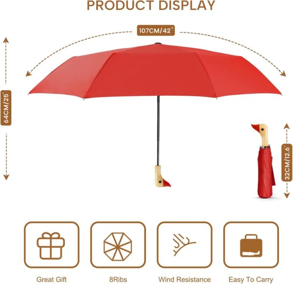 LEAGERA Compact Small Umbrellas for Rain&Sun, Cute Design Duck Head Umbrella for Girls Gifts, 8 Ribs Folding Umbrella with Wooden Handle - Image 2
