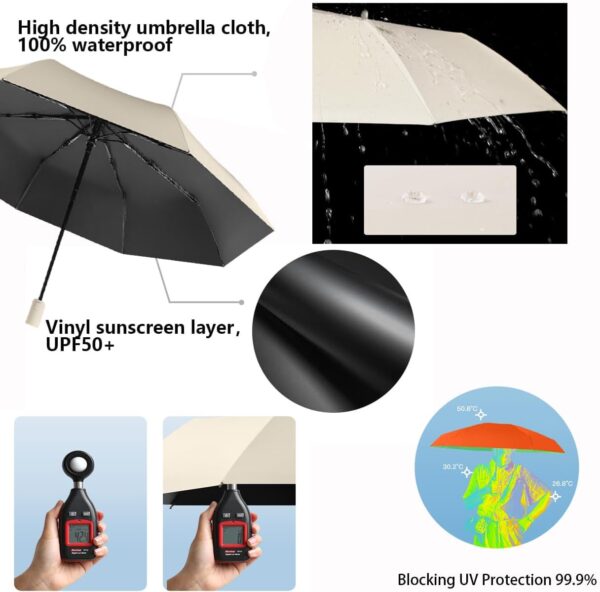 Travel Folding Umbrella Automatic Open/Close Handle Coating Layer Fabric Blocking/Portable Golf/Car Compact Umbrella/Lightweight Small Backpack/Rain Sun Anti UPF 50 UV Protection 99.9% /Men Women Kids - Image 2