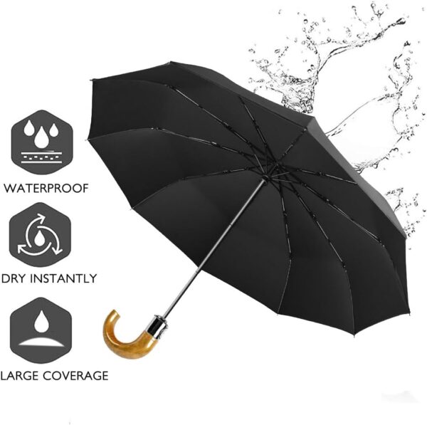 Men's Black Compact Travel Umbrella Windproof with J Hook Curved Handle, Automatic Small Folding Umbrella for Sun & Rain, Strong Mini Portable Golf Umbrella for Backpack & Car - Image 7