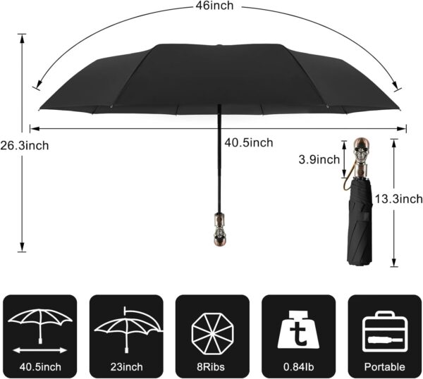 Lejorain Mens Black Skull Umbrella - Automatic Luxury Travel Windproof Umbrella Compact - Portable Strong Lightweight Rain Umbrella for Adults - Image 2