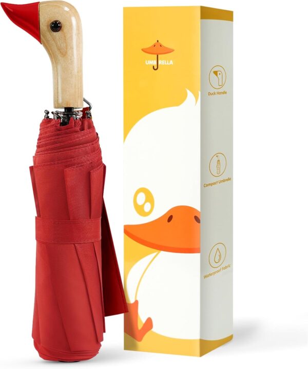 LEAGERA Compact Small Umbrellas for Rain&Sun, Cute Design Duck Head Umbrella for Girls Gifts, 8 Ribs Folding Umbrella with Wooden Handle