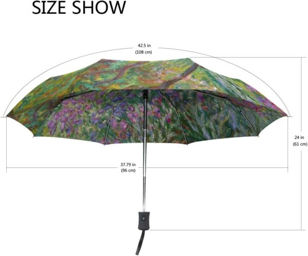 Auto Open Close Umbrella, Iris Garden At Giverny Monet Folding Travel Umbrellas for Rain and Sun - Image 3