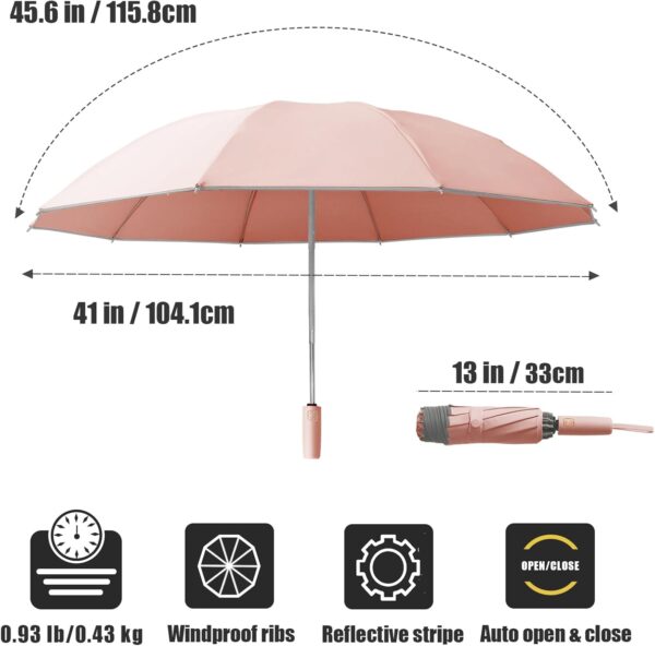 Large Windproof Travel Umbrella, Portable Reverse Folding Car Umbrella, Compact Inverted Design with Waterproof Canopy, Automatic, 10 Durable Ribs, 45.6/13 Inch, Fits Backpack - Image 2