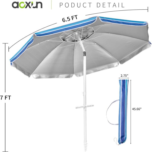 Aoxun Beach Umbrella with Tilt Pole, Portable Sand Anchor and Carry Bag, UPF 50+ Sun Shelter Air Vents Design for Outdoor Activities (Navy Blue & White), 6.5ft - Image 5