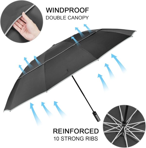G4Free 54/62 Inch Windproof Inverted Umbrella with Reflective Stripe, Large Compact Reverse Golf Travel Umbrella for Rain 10 Ribs Double Canopy Automatic Open Close - Image 3