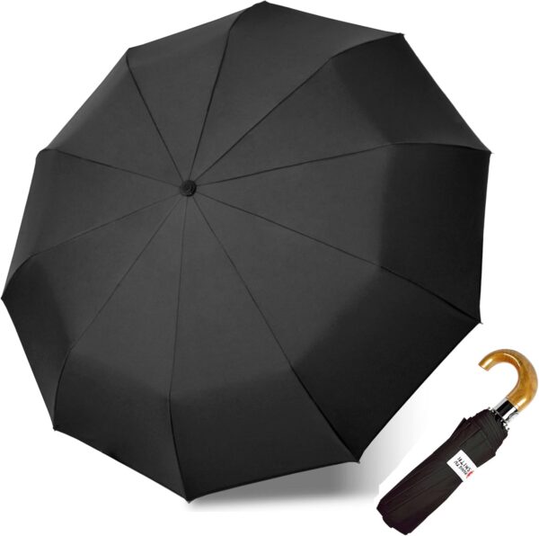 Men's Black Compact Travel Umbrella Windproof with J Hook Curved Handle, Automatic Small Folding Umbrella for Sun & Rain, Strong Mini Portable Golf Umbrella for Backpack & Car - Image 5