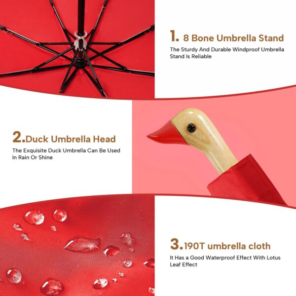 LEAGERA Compact Small Umbrellas for Rain&Sun, Cute Design Duck Head Umbrella for Girls Gifts, 8 Ribs Folding Umbrella with Wooden Handle - Image 7