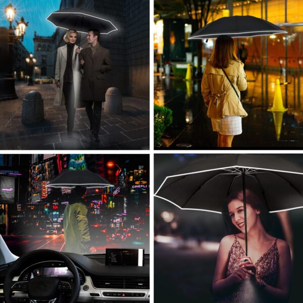 Lejorain Folding Reverse LED Umbrella - Upside Down Reflective Umbrellas Compact Inverted Travel Windproof Umbrella Auto Open Close for Rain - Image 6