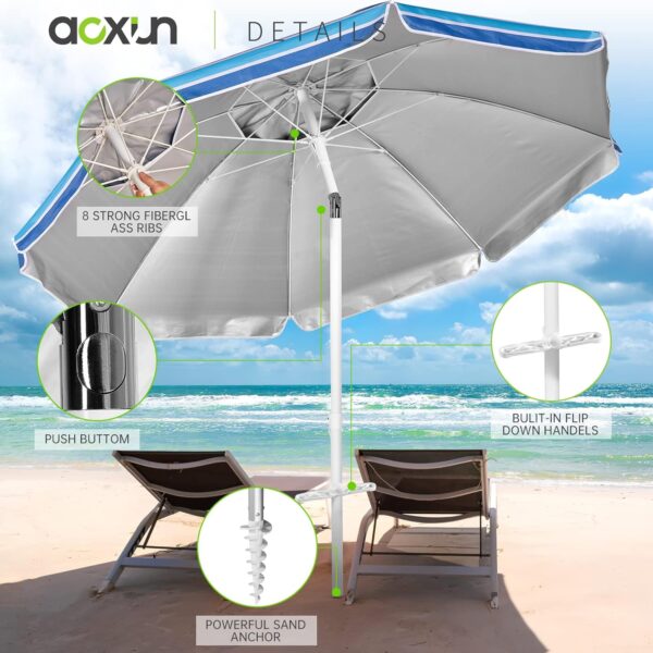Aoxun Beach Umbrella with Tilt Pole, Portable Sand Anchor and Carry Bag, UPF 50+ Sun Shelter Air Vents Design for Outdoor Activities (Navy Blue & White), 6.5ft - Image 2