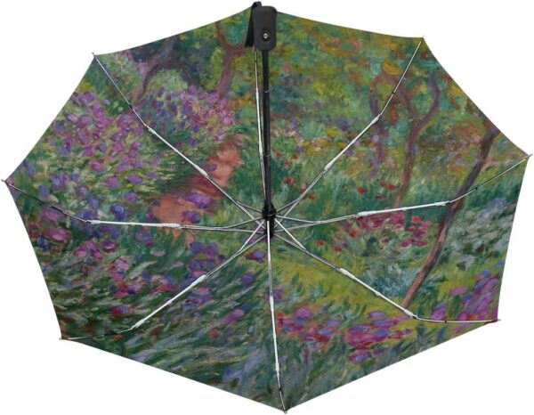 Auto Open Close Umbrella, Iris Garden At Giverny Monet Folding Travel Umbrellas for Rain and Sun - Image 4