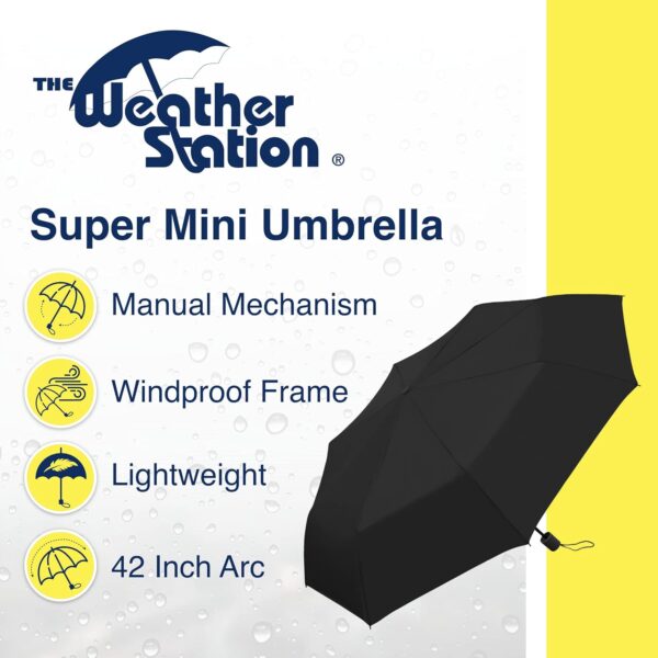 Weather Station Mini Manual Rain Umbrella, Windproof, Lightweight and Packable for Travel, Full 42 Inch Arc, Black - Image 2