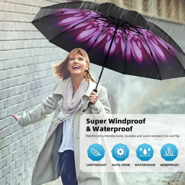 Windproof Trave Inverted Umbrella With Reflective Stripe, Reverse Compact Umbrellas for Rain, Portable Large Folding Sun UV Automatic Upside Down Umbrella for Car Backpack - Image 7
