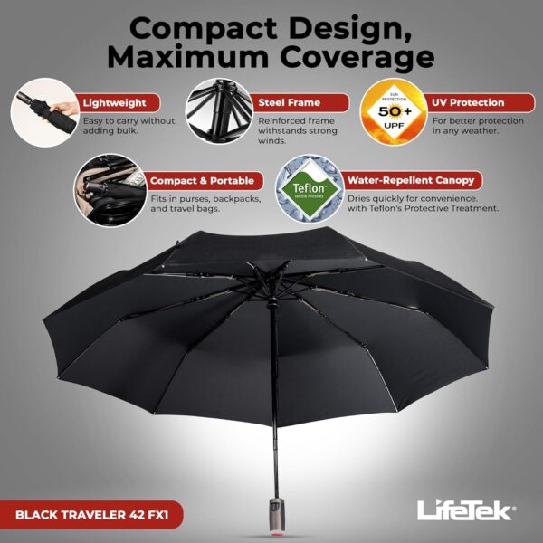 LifeTek Windproof Travel Umbrella, Automatic Open Close, Compact for Rain and Sun, Fits in Purse or Backpack, Strong Lightweight Durable Frame, UV Protection, Small and Portable - Image 2