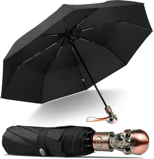 Lejorain Mens Black Skull Umbrella - Automatic Luxury Travel Windproof Umbrella Compact - Portable Strong Lightweight Rain Umbrella for Adults