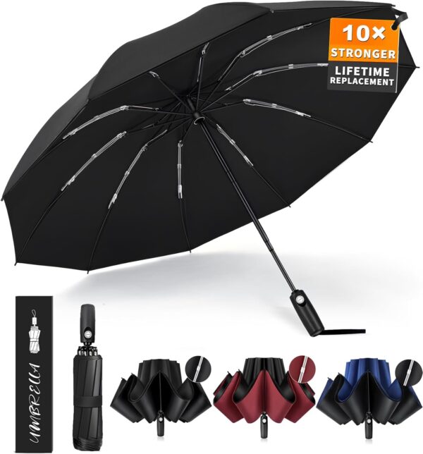 Inverted Umbrella, Strongest Windproof Umbrellas for Rain & Sun - Auto Open & Close, Portable & Compact Travel Umbrella for Women Men, Reinforced Fiberglass Ribs & UV Resistant Vinyl Coating
