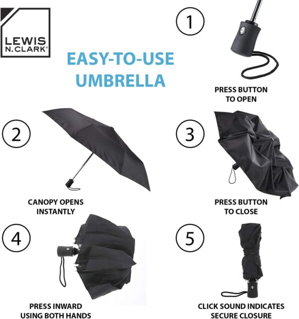 Lewis N. Clark Travel Umbrella: Windproof & Water Repellent Fabric Automatic Open Close , Black - Image 7