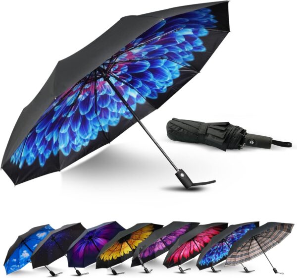 LLanxiry Umbrella Windproof Travel Umbrellas for Rain Black Folding Umbrellas 10 RIBS Automatic Strong Portable Wind Resistant Backpack Umbrella for Men and Women