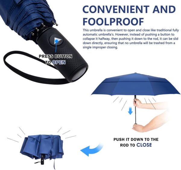Travel Umbrellas for Rain – Compact Umbrella Windproof with 46” Double Vented Canopy and Strong Fiberglass Frame, Automatic Portable Umbrella for Travel, Rainy Days, Backpack & Car - Image 6