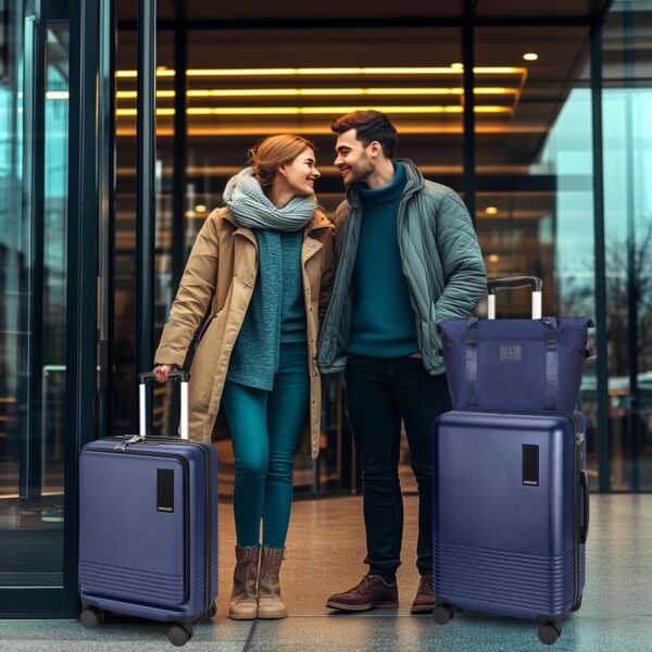 2 Piece Luggage Sets with Spinner Wheels Front Open Pocket, ABS+PC Suitcase with TSA Lock & YKK Zipper, Carry On 20/24 inch Medium +Toiletry Bag+Handbag, Deep Dark Navy Blue - Image 9
