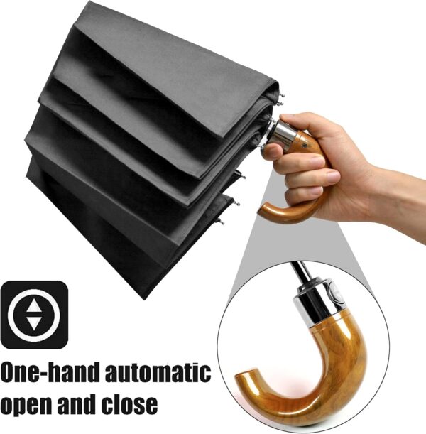 Men's Black Compact Travel Umbrella Windproof with J Hook Curved Handle, Automatic Small Folding Umbrella for Sun & Rain, Strong Mini Portable Golf Umbrella for Backpack & Car - Image 2