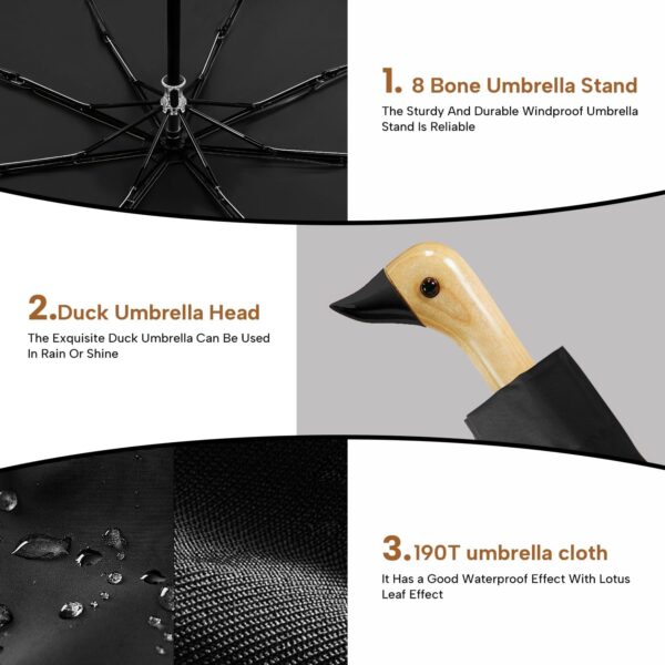 LEAGERA Compact Small Umbrellas for Rain&Sun, Cute Design Duck Head Umbrella for Girls Gifts, 8 Ribs Folding Umbrella with Wooden Handle - Image 3