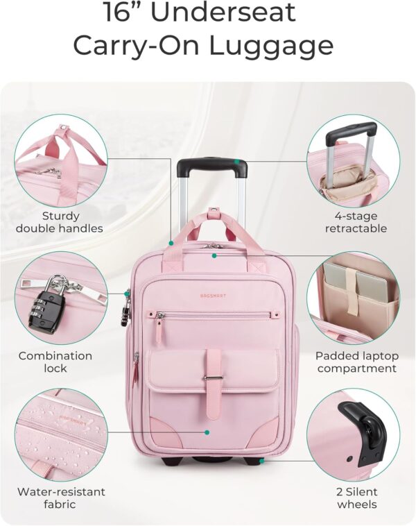 BAGSMART Carry on Luggage with Wheels, 16-inch Underseat Travel Suitcase Airline approved, Lightweight Softside Carry-on Luggage for Airplanes Women Overnight Rolling Bags for Short Trip, Baby Pink - Image 2