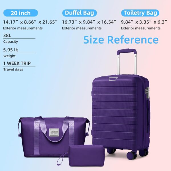 LARVENDER Luggage Sets 3 Piece with Duffel Bag Hardside PP Carry On Suitcase with 360° Spinner Wheels TSA Lock Luggage Sets for Women, Grape Purple - Image 5