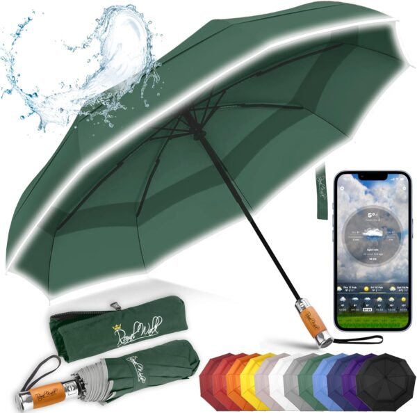 Royal Walk Windproof Folding Travel Umbrella Compact and Strong Luxurious Real Wood Handle Automatic Open Close Vented Double Canopy for Men and Women