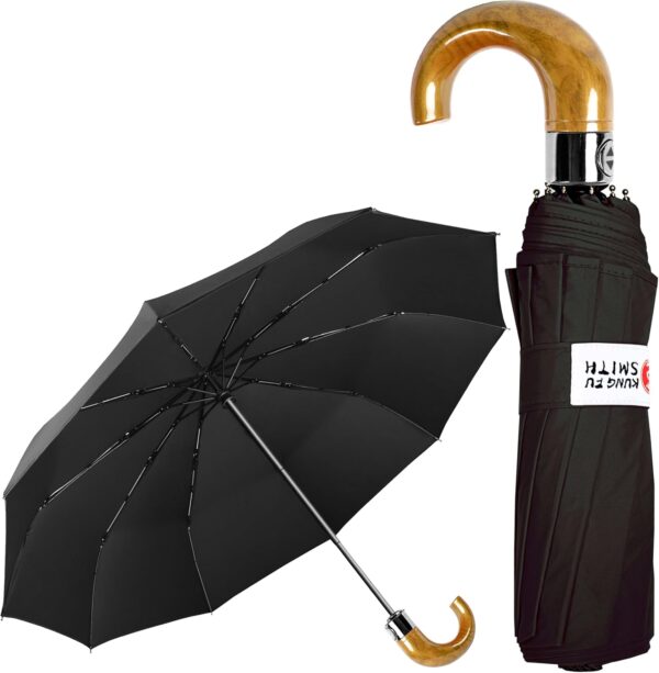Men's Black Compact Travel Umbrella Windproof with J Hook Curved Handle, Automatic Small Folding Umbrella for Sun & Rain, Strong Mini Portable Golf Umbrella for Backpack & Car - Image 4