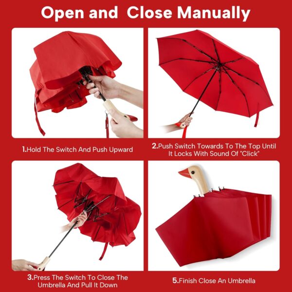 LEAGERA Compact Small Umbrellas for Rain&Sun, Cute Design Duck Head Umbrella for Girls Gifts, 8 Ribs Folding Umbrella with Wooden Handle - Image 6