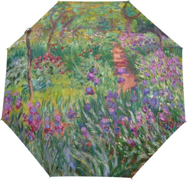 Auto Open Close Umbrella, Iris Garden At Giverny Monet Folding Travel Umbrellas for Rain and Sun - Image 2