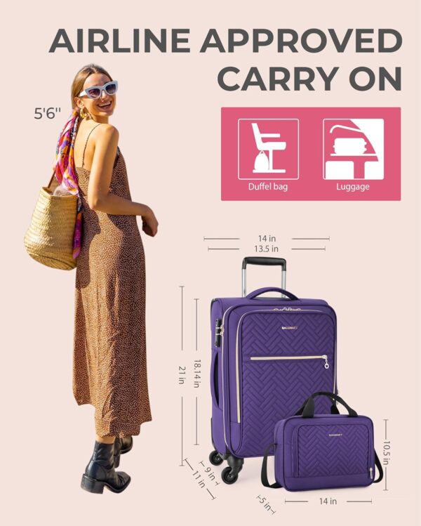BAGSMART Carry On Luggage 20 Inch, Expandable Suitcase, Luggage with Duffel Airline Approved Rolling Softside Lightweight Suitcases with Front Pocket for Women Men, Carry-On Purple - Image 5