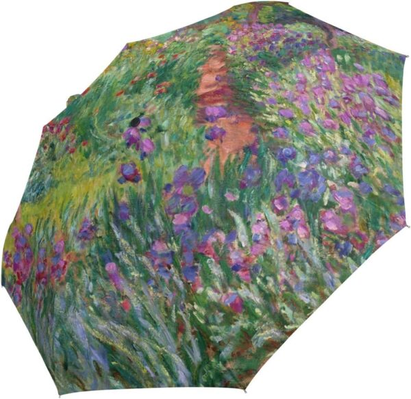 Auto Open Close Umbrella, Iris Garden At Giverny Monet Folding Travel Umbrellas for Rain and Sun