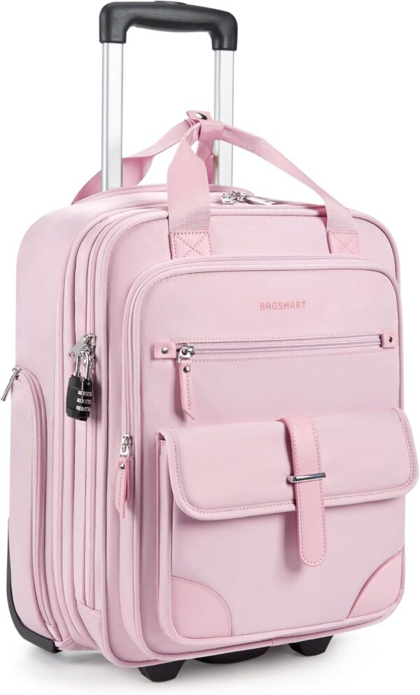 BAGSMART Carry on Luggage with Wheels, 16-inch Underseat Travel Suitcase Airline approved, Lightweight Softside Carry-on Luggage for Airplanes Women Overnight Rolling Bags for Short Trip, Baby Pink