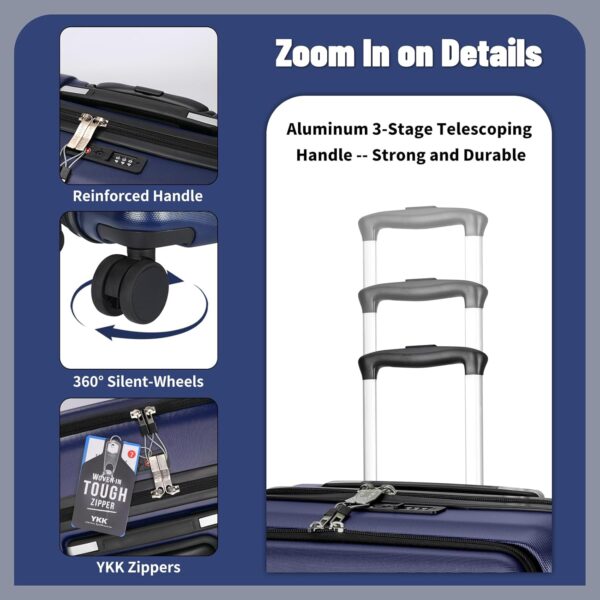 2 Piece Luggage Sets with Spinner Wheels Front Open Pocket, ABS+PC Suitcase with TSA Lock & YKK Zipper, Carry On 20/24 inch Medium +Toiletry Bag+Handbag, Deep Dark Navy Blue - Image 6