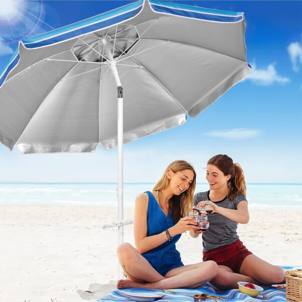 Aoxun Beach Umbrella with Tilt Pole, Portable Sand Anchor and Carry Bag, UPF 50+ Sun Shelter Air Vents Design for Outdoor Activities (Navy Blue & White), 6.5ft - Image 7