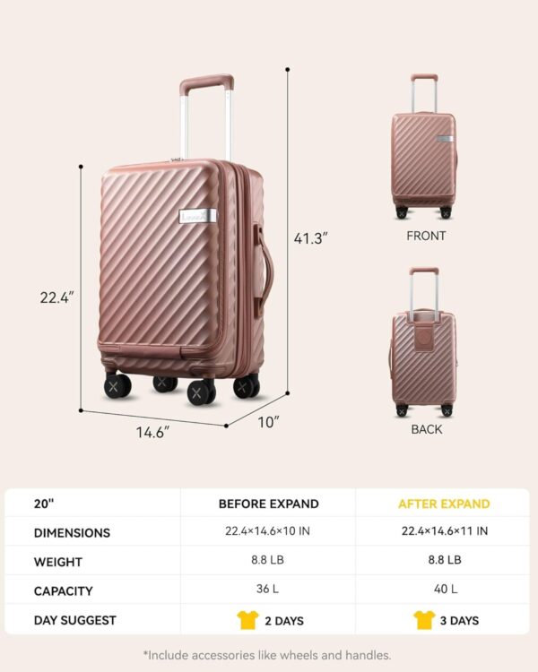 LUGGEX Carry On Luggage with Compartment and Cup Holder, Expandable PC Hard Shell Suitcase with Front Pocket (Rose Gold, 2-Piece (20/Tote)) - Image 8