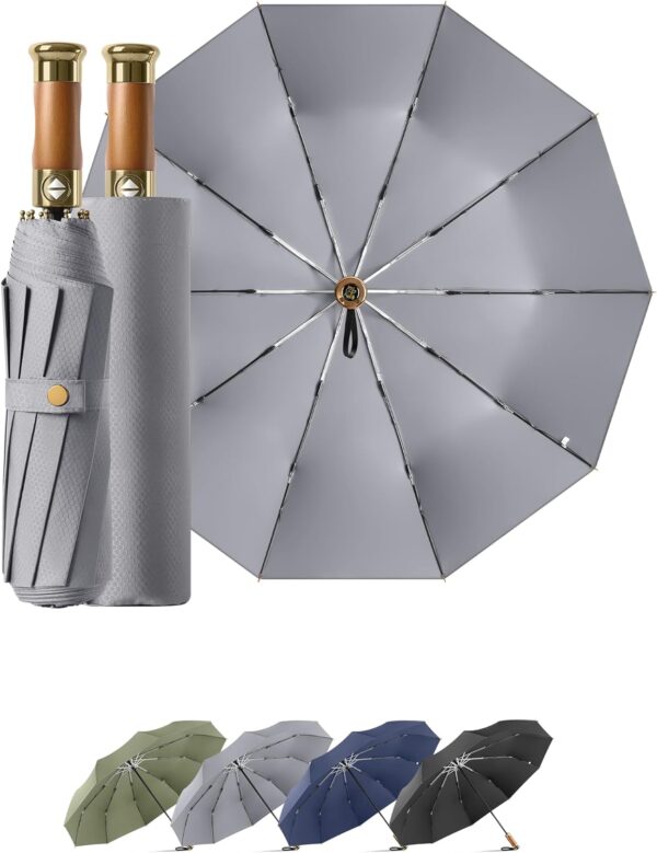 Rain Cats Large 46/50 Inch Umbrellas for rain Strong10 Ribs Fiberglass Umbrella Windproof Wabig Compact Automatic portable Folding Travel Thick Fabric Wood handle