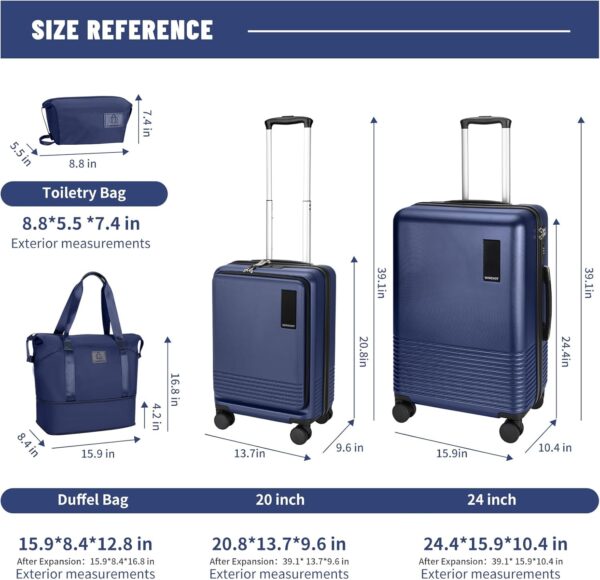 2 Piece Luggage Sets with Spinner Wheels Front Open Pocket, ABS+PC Suitcase with TSA Lock & YKK Zipper, Carry On 20/24 inch Medium +Toiletry Bag+Handbag, Deep Dark Navy Blue - Image 2