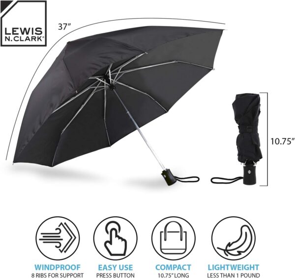 Lewis N. Clark Travel Umbrella: Windproof & Water Repellent Fabric Automatic Open Close , Black - Image 3